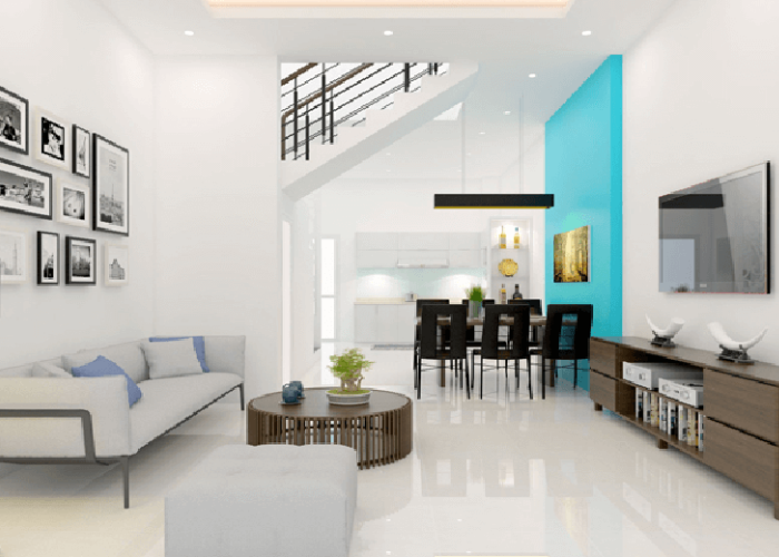 Tone trắng kết hợp cùng gam màu xanh dương nổi bật sẽ giúp tổng thể căn phòng khách trở nên đẹp và bắt mắt hơn
