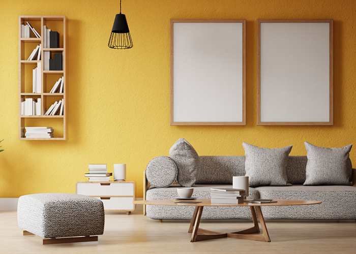 Sử dụng bộ sofa màu xám chuột hiện đại để trang trí phòng khách tone vàng