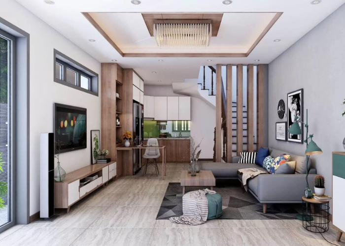 Trang trí phòng khách tone xám với thảm trải sàn nhà có họa tiết tối giản và thanh lịch