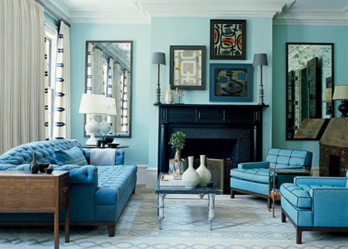 Màu xanh lam thời thượng cũng là một tone màu cực “hot” để trang trí phòng khách đẹp nhà ống