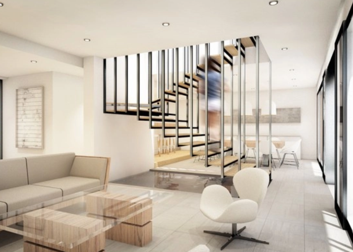 Mẫu cầu thang có thiết kế bắt mắt và mới lạ giúp tạo nên vẻ đẹp đầy tính nghệ thuật cho phòng khách.