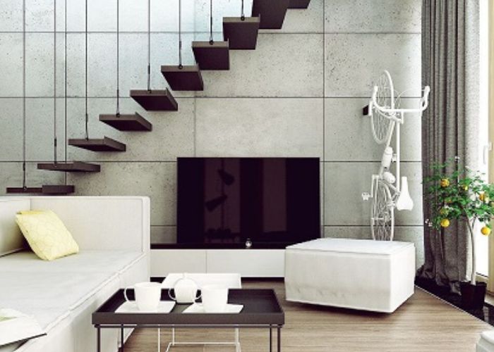 Kiểu cầu thang có tay cầm dây mới lạ cho căn phòng khách theo concept hiện đại
