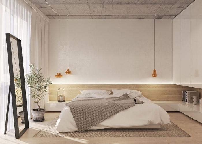 Mẫu phòng ngủ kiểu Nhật đơn giản 9m2 cực đẹp với cách bố trí tủ quần áo treo tường tối ưu không gian và tiết kiệm diện tích cho phòng ngủ