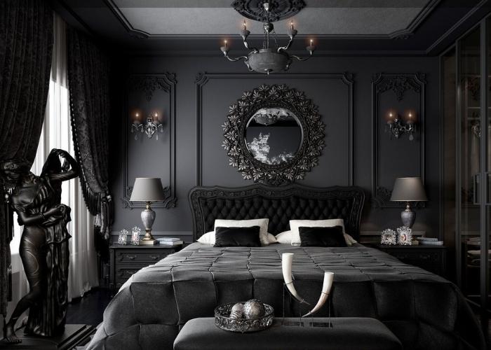 Phòng ngủ Master màu đen với phong cách tân cổ điển, sang trọng