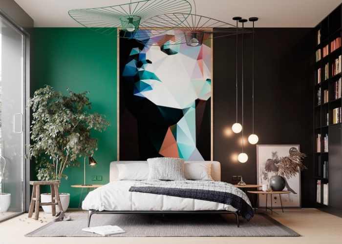 Không gian phòng ngủ trở nên nổi bật hơn khi sử dụng bức tranh mang cảm hứng nghệ thuật phía sau giường.