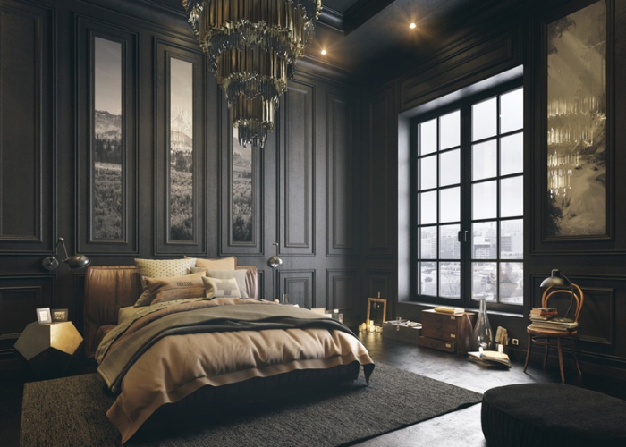 Phòng ngủ màu đen chủ đạo với phong cách tân cổ điển dành cho những ai ưa chuộng vẻ đẹp cổ kính