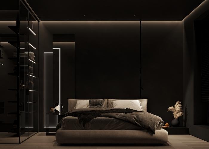 Mẫu phòng ngủ màu đen theo phong cách hiện đại, tối giản với tủ quần áo trong suốt