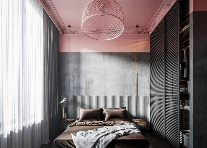 Căn phòng với màu đen huyền bí của những đồ nội thất xung quanh kết hợp cùng phần trần nhà màu hồng