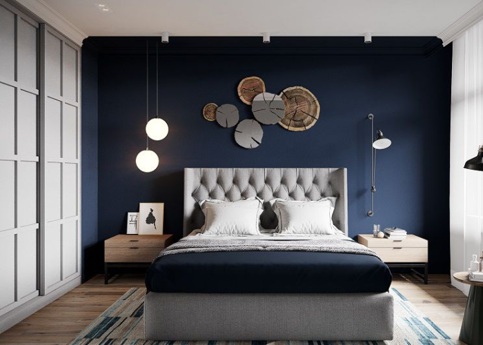 Sử dụng tone màu xanh phối hợp cùng với màu đen đem đến không gian căn phòng ngủ vẻ đẹp lịch sự, sang trọng và quý phái.