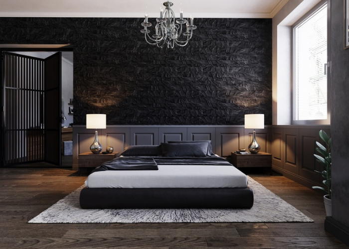 Thiết kế phòng ngủ với bức tường được điêu khắc công phu, tỉ mỉ
