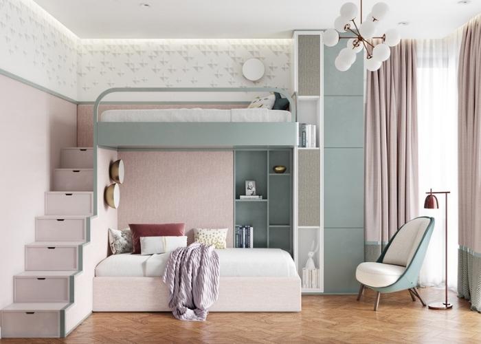 Mẫu phòng ngủ nhỏ màu hồng giường tầng được thi công xây dựng tiết kiệm không gian