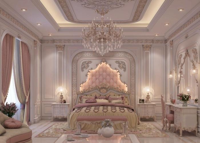 Mẫu phòng ngủ màu hồng theo phong cách cổ điển Châu Âu hoàng gia