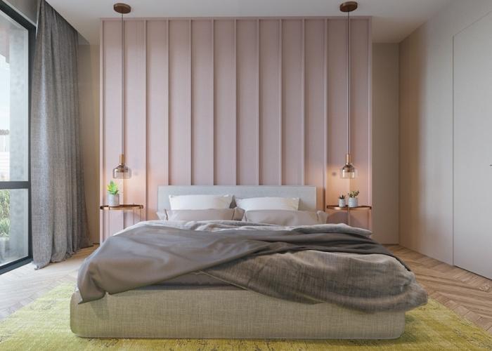 Mẫu phòng ngủ màu hồng và xám theo phong cách hiện đại thể hiện sự thanh lịch, tinh tế