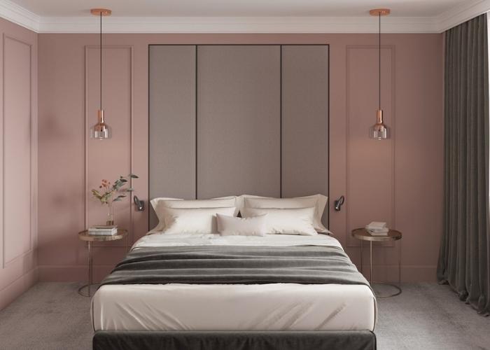 Mẫu phòng ngủ hồng xám thiết kế theo phong cách hiện đại pha cổ điển cho diện tích phòng nhỏ 10m2