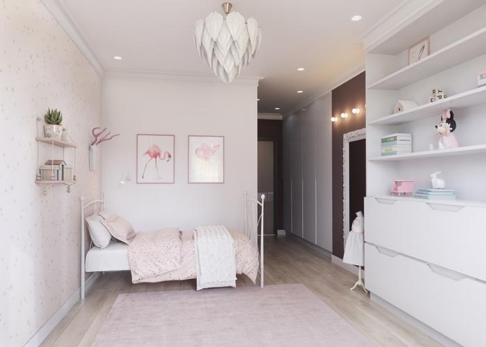 Mẫu phòng ngủ màu hồng phấn theo phong cách trẻ trung Hàn Quốc với giường ngủ khung sắt và khung tranh treo tường dễ thương