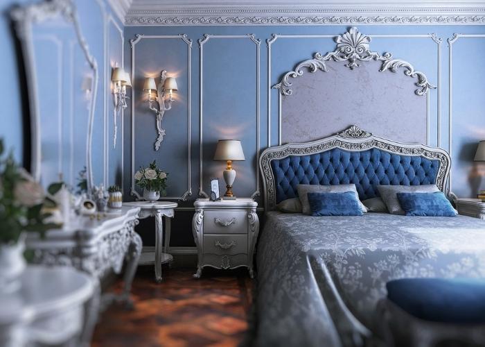Phòng ngủ màu xanh biển theo phong cách hoàng gia, cổ điển, sang trọng