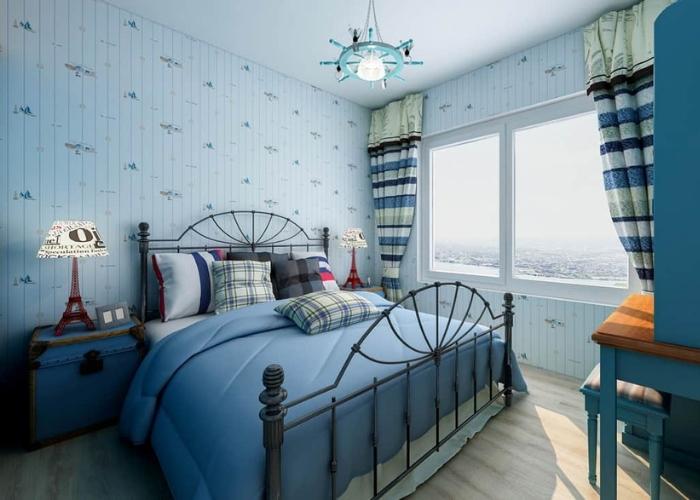 Mẫu phòng ngủ màu xanh theo phong cách Hàn Quốc cho bé trai