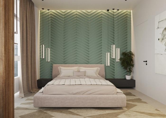 Mẫu phòng ngủ hiện đại trở nên tươi sáng và nổi bật hơn khi vách tường được ốp nhựa màu xanh lá đẹp mắt