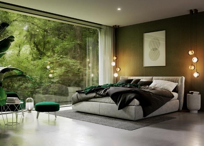 Mẫu phòng ngủ màu xanh lá gần gũi thiên nhiên với view cửa sổ nhìn ra ngoài vườn tuyệt đẹp
