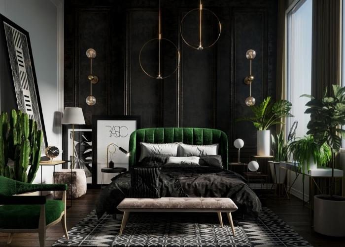 Hình phối cảnh mẫu phòng ngủ màu xanh lá theo phong cách hiện đại và cổ điển