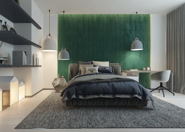 Mẫu phòng ngủ màu xám kết hợp với xanh lá ấn tượng và mang lại sự tươi sáng hơn hẳn