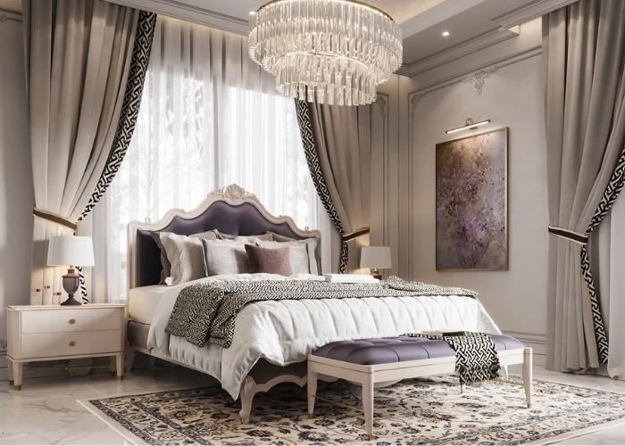 Một mẫu phòng ngủ thanh lịch với tông màu trắng và tím