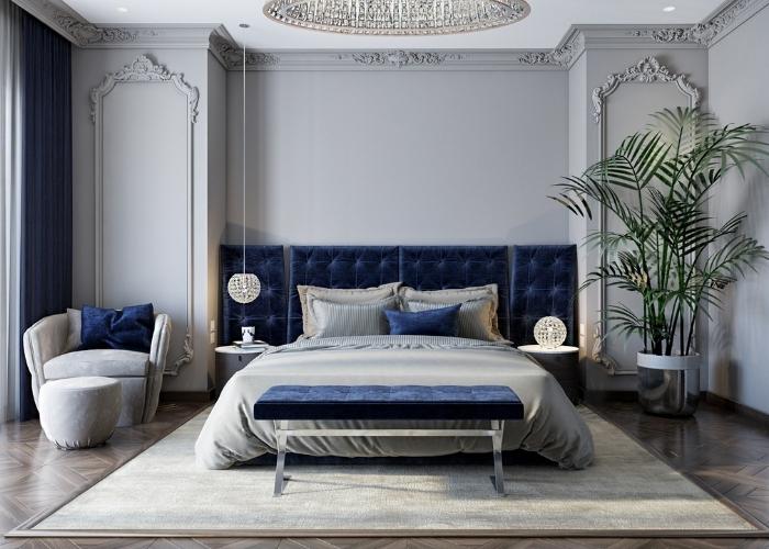 phòng ngủ phong cách hiện đại kết hợp cổ điển màu xanh dương đậm và xám