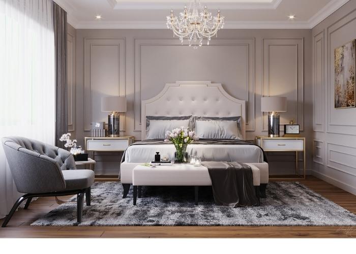 Mẫu phòng ngủ tân cổ điển đẹp thanh lịch với tông màu trắng và xám