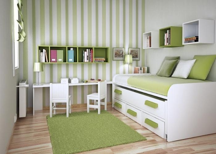 Mẫu phòng ngủ thông minh thiết kế giường và tủ chung tiết kiệm diện tích màu xanh lá
