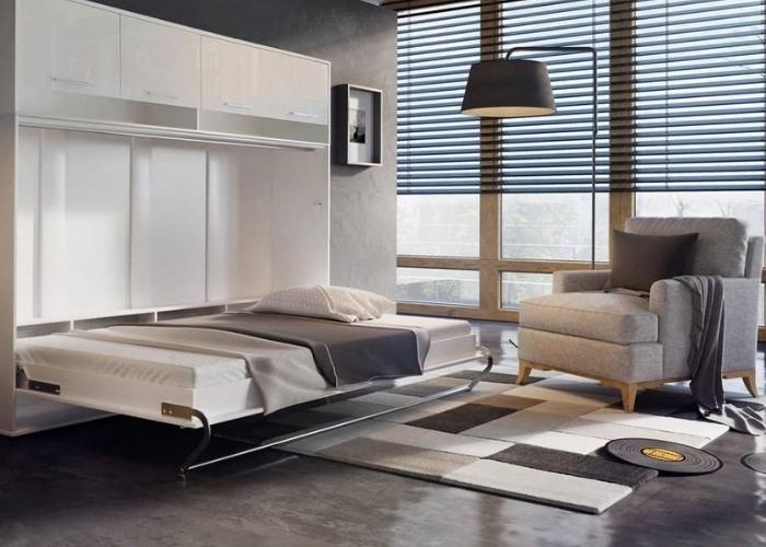 Mẫu giường phòng ngủ thông minh được thiết kế nằm ngang giúp gia chủ dễ dàng kéo ra hay xếp gọn vào