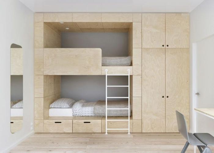 Mẫu phòng ngủ thông minh đẹp kết hợp giường 2 tầng và tủ quần áo