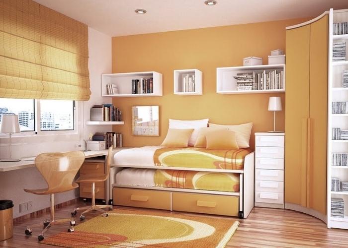 Mẫu phòng ngủ thông mình với giường tầng và tông màu cam tươi sáng