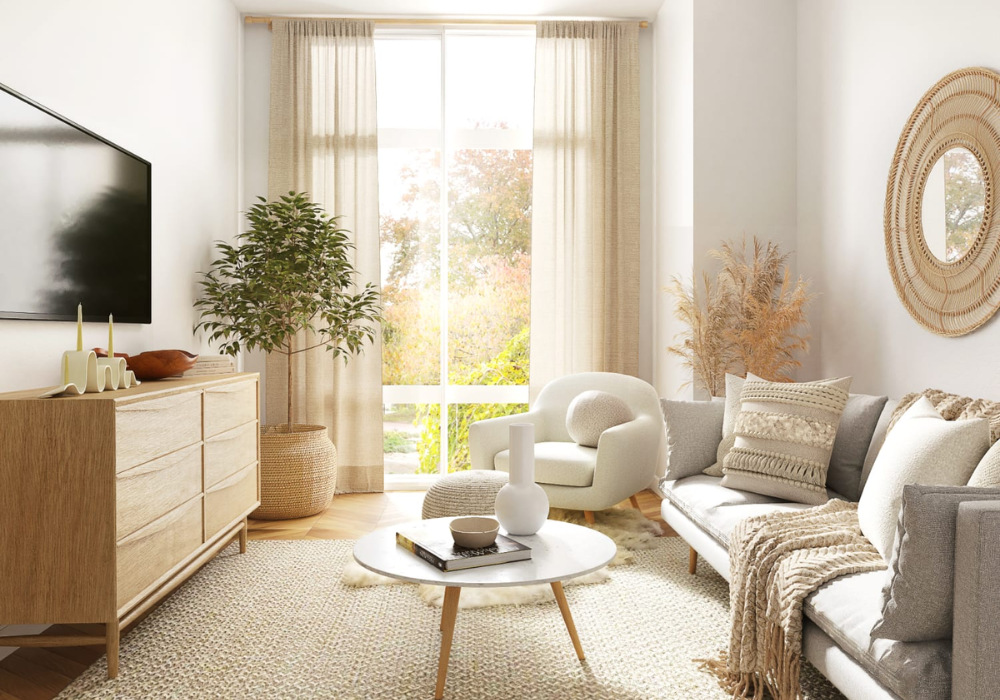hiết kế TV treo tường và bộ bàn ghế sofa nhỏ gọn để tiết kiệm không gian