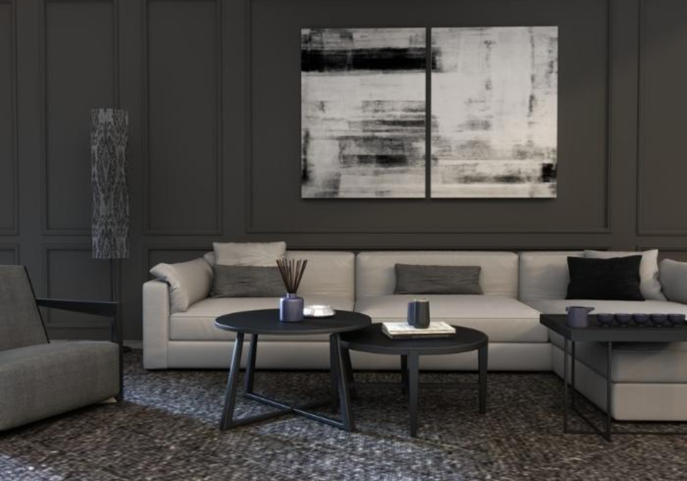Bức tranh với những mảng đen trắng trừu tượng là sự lựa chọn hoàn hảo cho căn phòng khách mang phong cách hiện đại tối giản