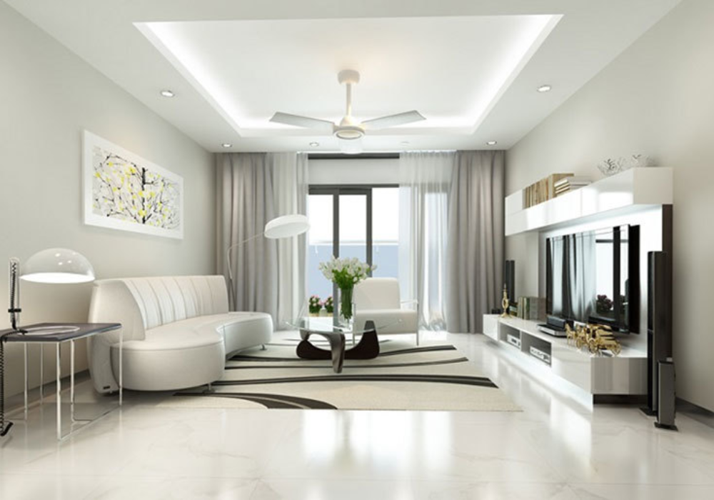 Quạt trần màu trắng đơn giản sẽ là sự lựa chọn hoàn hảo cho phòng khách mang phong cách hiện đại