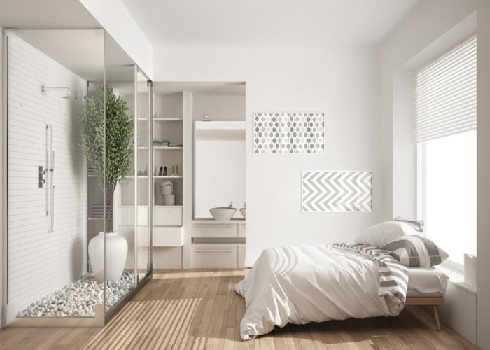 Thiết kế phòng ngủ 15m2 cho vợ chồng tone màu trắng hiện đại