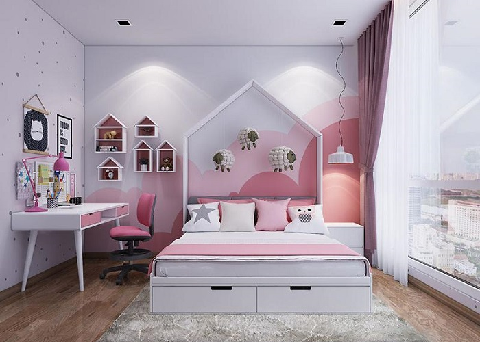 Mẫu thiết kế phòng ngủ 15m2  cho các bé gái với tông màu trắng - hồng đáng yêu
