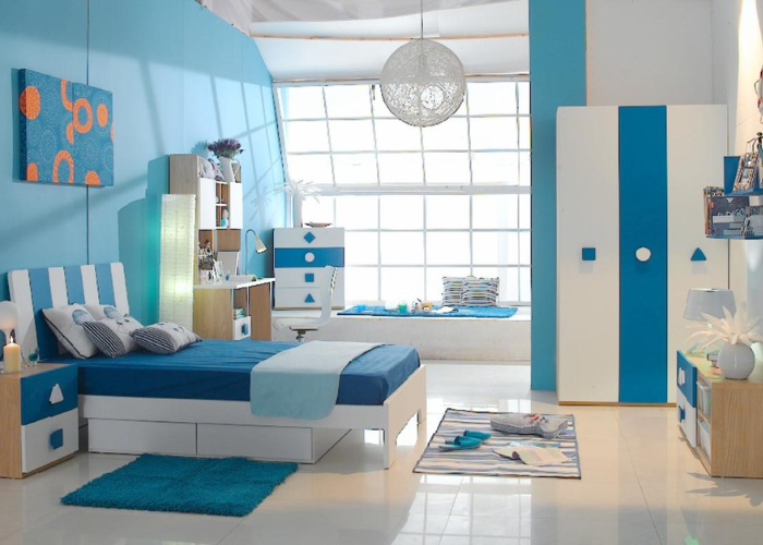 Mẫu thiết kế phòng ngủ 15m2 cho bé trai tông màu xanh - trắng