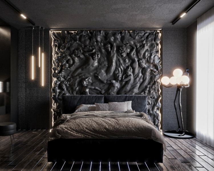 Trần thạch cao được sơn màu đen giả xi măng, cũng là màu sơn chính của phòng ngủ
