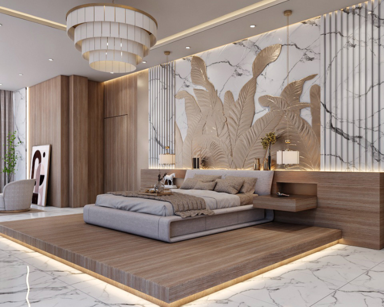 Không gian phòng ngủ tân cổ điển được thiết kế ấn tượng với trần thạch cao giật cấp, phối đèn led âm trần màu vàng dịu