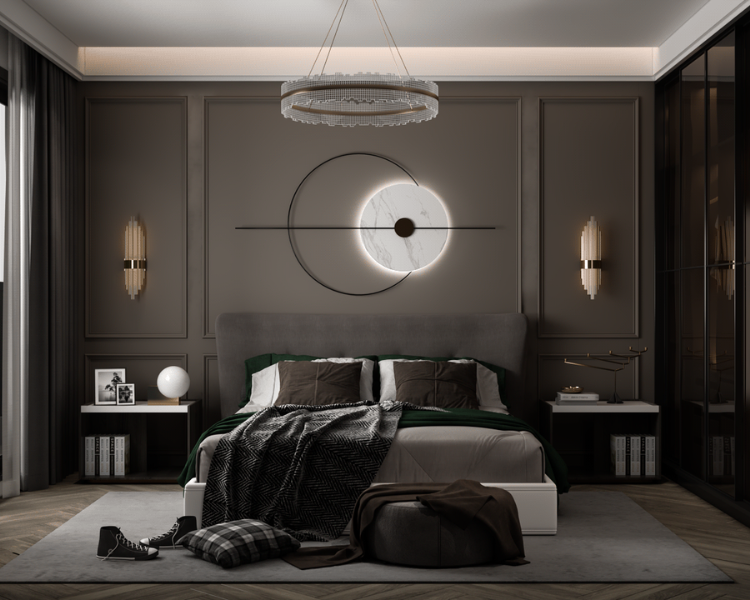 Phòng ngủ hợp phong thủy cho gia chủ mệnh Kim, với thiết kế trần thạch cao tối giản, không họa tiết, lắp đèn viền âm trần tạo ánh sáng dịu nhẹ cho căn phòng
