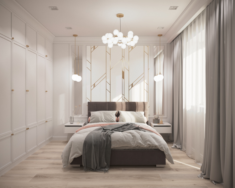 Lối thiết kế hiện đại và đơn giản với trần thạch cao trắng, trơn. Không gian phòng ngủ sang trong bởi ánh đèn vàng