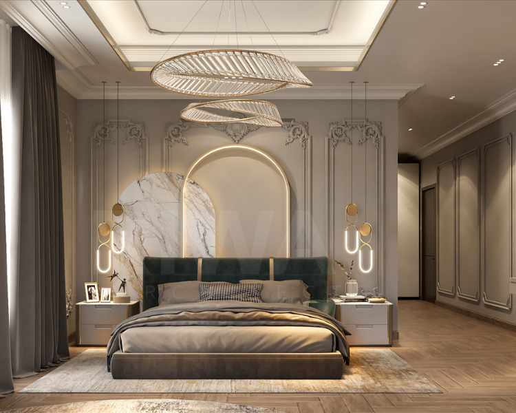 Mẫu trần thạch cao phòng ngủ hiện đại được thiết kế đơn giản, hệ thống đèn áp trần dọc theo các cạnh