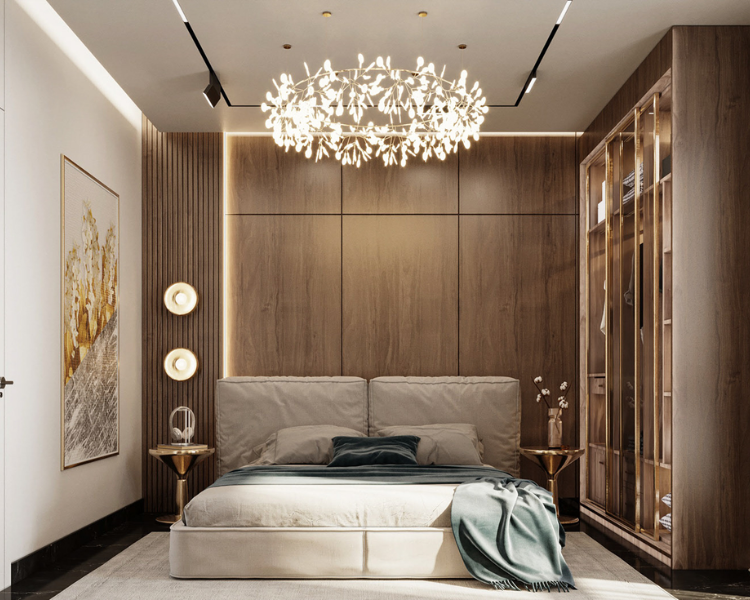 Phòng ngủ có thiết kế hiện đại với tông màu gỗ, ánh đèn vàng là nét riêng của căn phòng
