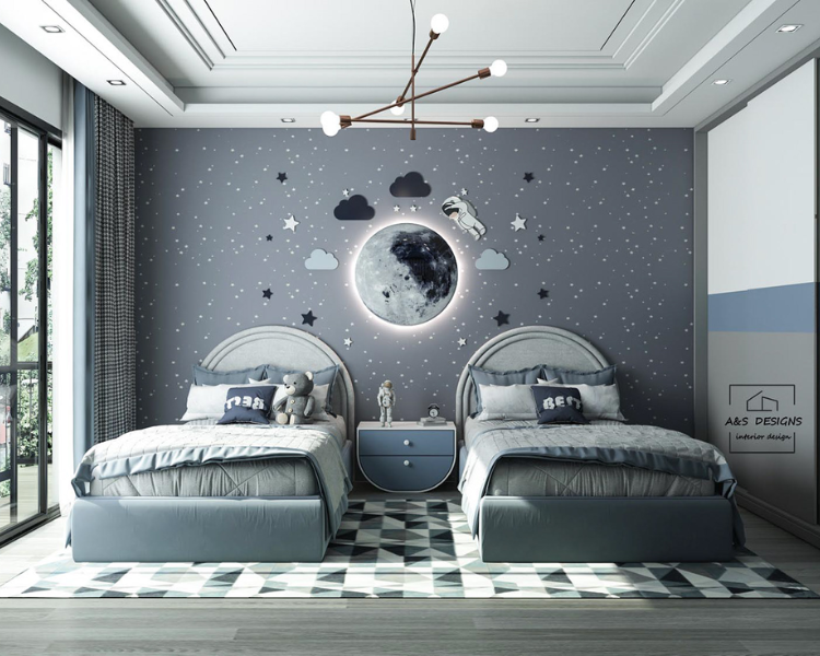 Phòng ngủ cho bé với sự sáng tạo trong thiết kế khi tạo nét họa tiết phi hành gia khám phá vũ trụ mới lạ, bắt mắt