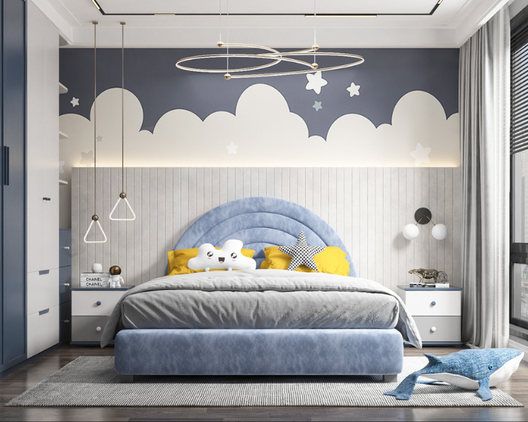 Lối thiết kế độc đáo với nội thất mang ý tưởng đại dương xanh mà bé yêu thích trên tường và trên trần là bầu trời sao đêm