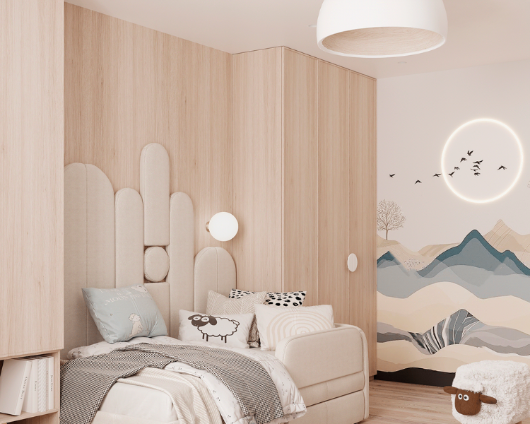Mẫu trần thạch cao màu trắng đơn giản, phù hợp cho phòng ngủ bé gái có nội thất thông minh, tối ưu diện tích.