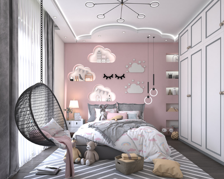 Phòng ngủ màu hồng cho bé gái được trang trí nội thất dễ thương, trần thạch cao giật cấp được cắt gọn hình đám mây và được đi viền led tạo điểm nhấn nổi bật