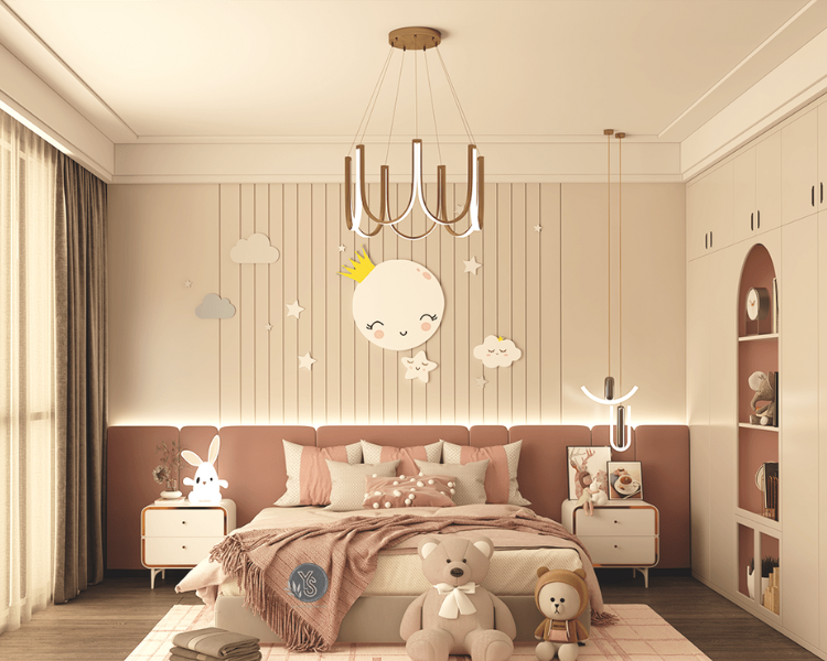 Thiết kế trần thạch cao đơn giản cho phòng ngủ bé gái màu hồng, được decor ở giữa trần là chiếc đèn thả được thiết kế bởi các thanh kim loại uốn cong đầy tinh tế.
