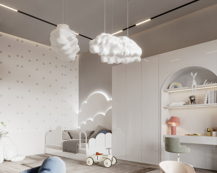 Phòng ngủ cho bé gái năng động với thiết kế trần thạch cao màu trắng đơn giản, tạo điểm nhấn nổi bật với đèn đám mây thả trần xinh xắn và đầy mộng mơ
